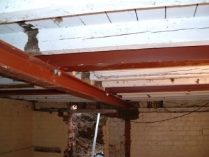 Steel joists installed to support the ceiling